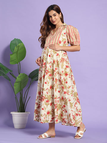 The Crimson Bloom: Dual-Print Cotton Maternity & Nursing Maxi Gown