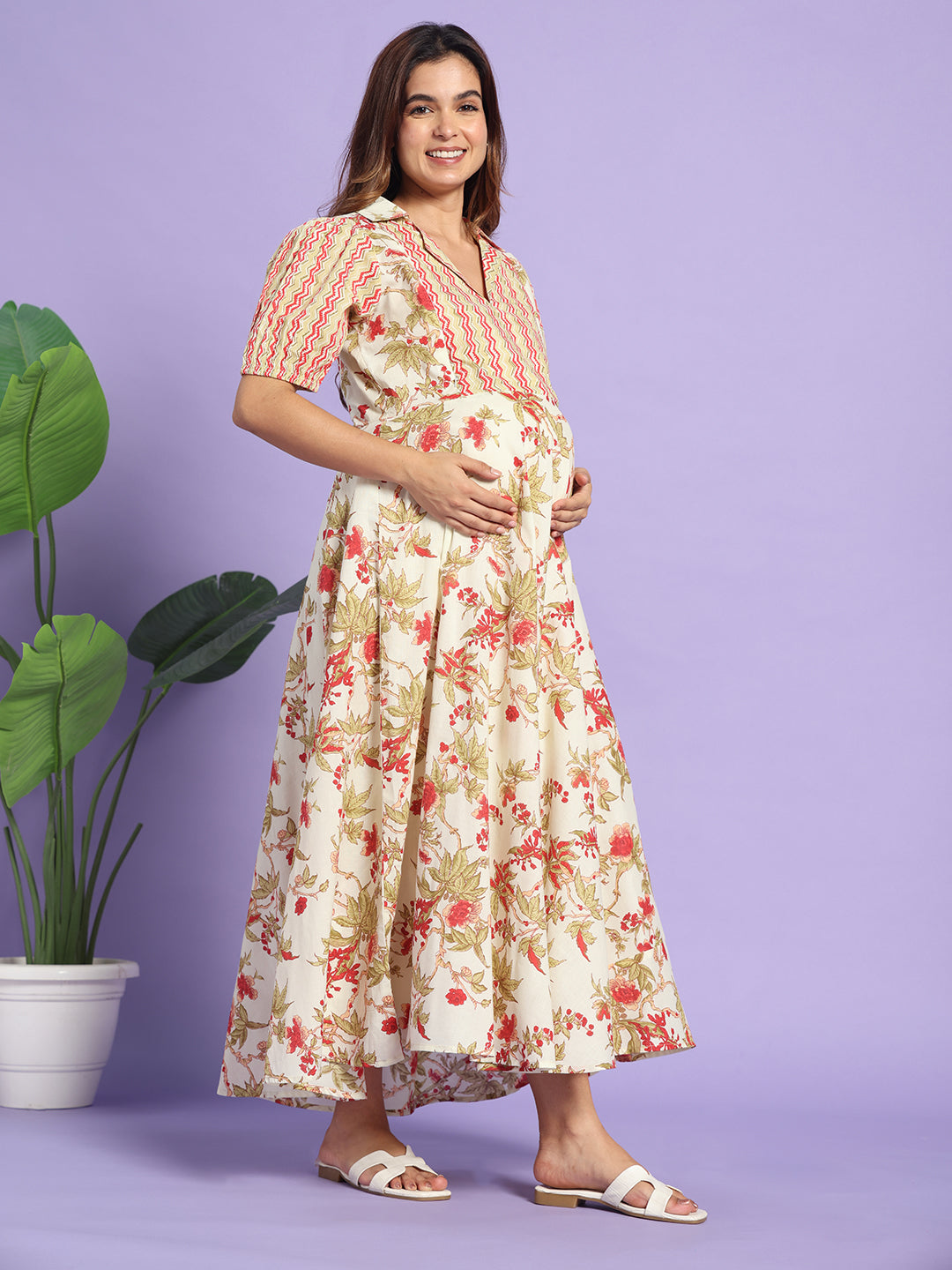 The Crimson Bloom: Dual-Print Cotton Maternity & Nursing Maxi Gown
