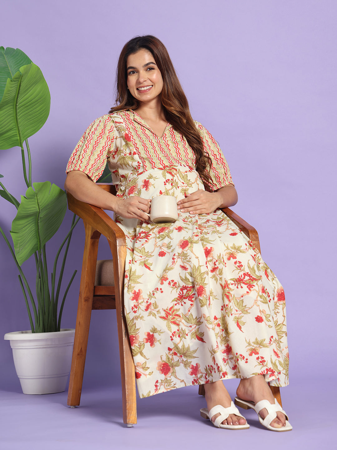 The Crimson Bloom: Dual-Print Cotton Maternity & Nursing Maxi Gown