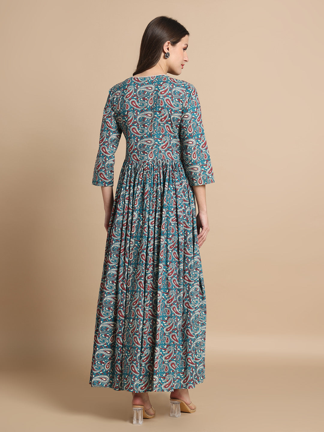Floral Bliss: Printed Cotton Anarkali Kurta with Delicate Ribbon Accents