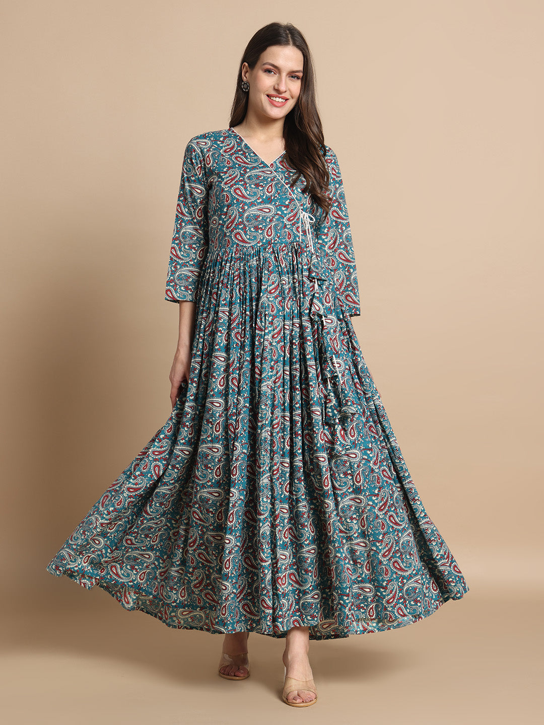 Floral Bliss: Printed Cotton Anarkali Kurta with Delicate Ribbon Accents