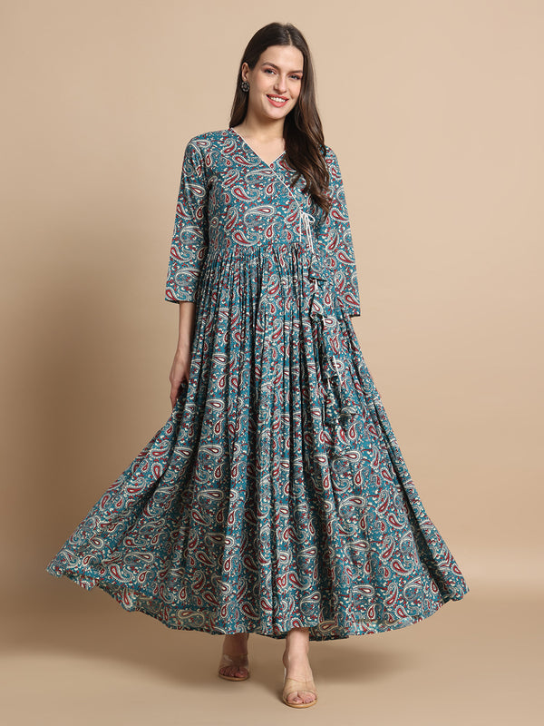 Floral Bliss: Printed Cotton Anarkali Kurta with Delicate Ribbon Accents