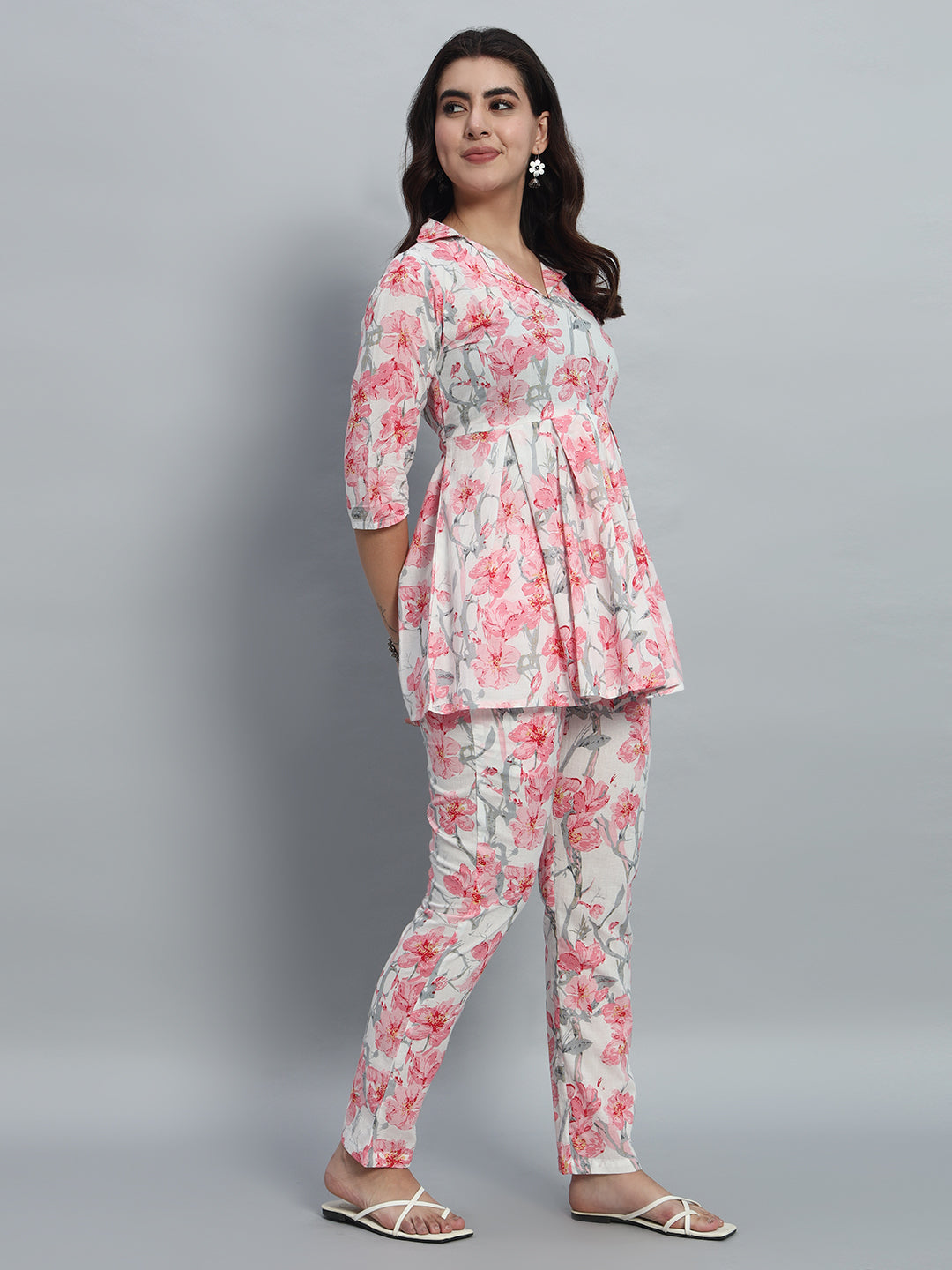 Elegant Floral Printed Cotton Peplum Top & Pant Set