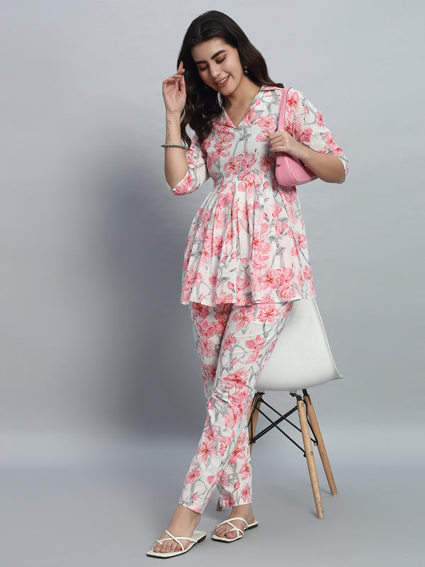 Elegant Floral Printed Cotton Peplum Top & Pant Set