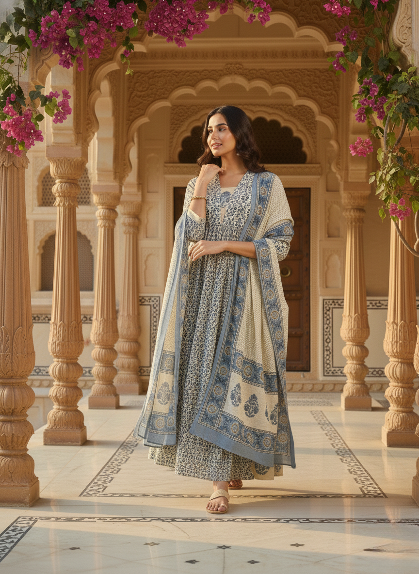 Royal Blue Printed Anarkali Suit with Elegant Dupatta