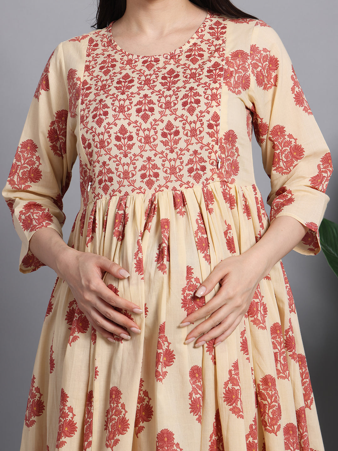 Beige and Maroon Floral Cotton Maternity Maxi Dress