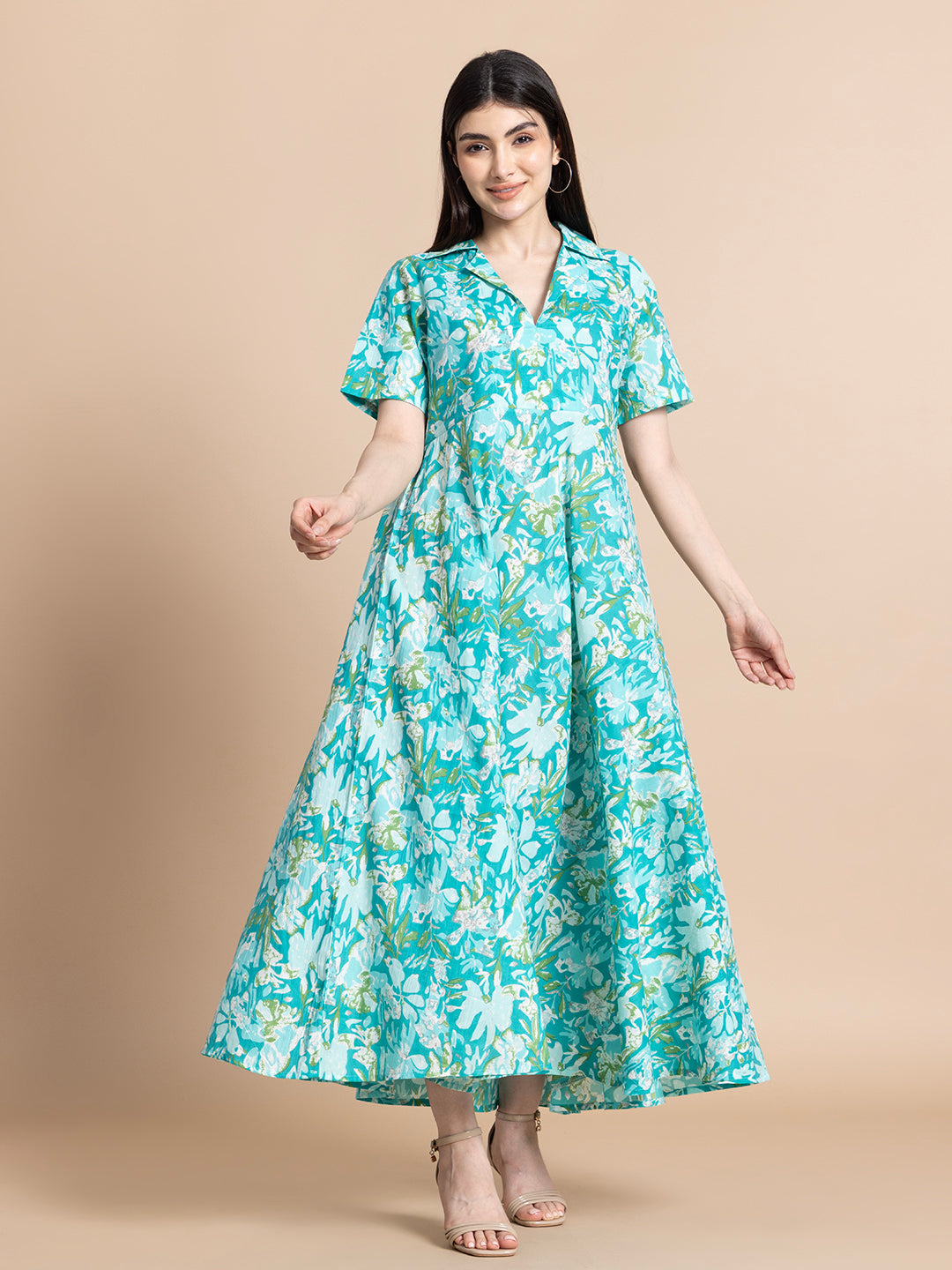 Sea Green Floral Printed Cotton A-Line Midi Dress