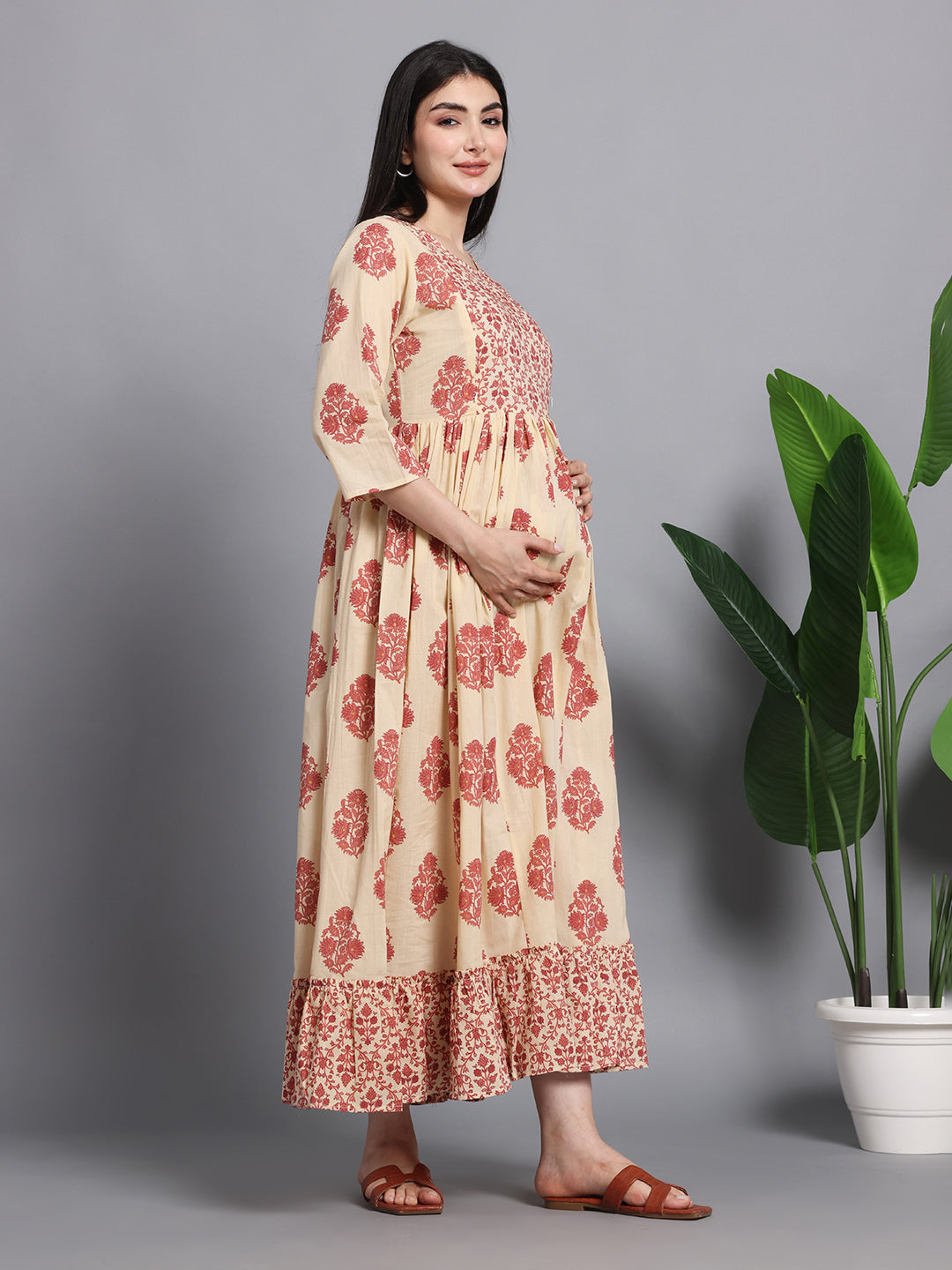 Beige and Maroon Floral Cotton Maternity Maxi Dress
