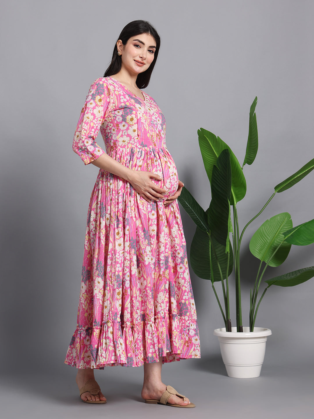 Pink Floral Cotton Maternity Maxi Dress with Ruffle Hem