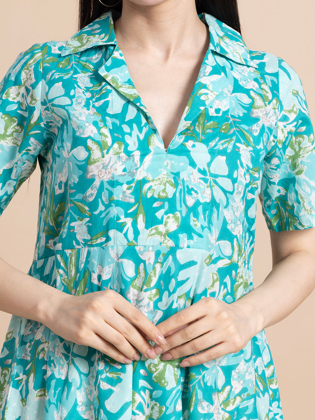 Sea Green Floral Printed Cotton A-Line Midi Dress