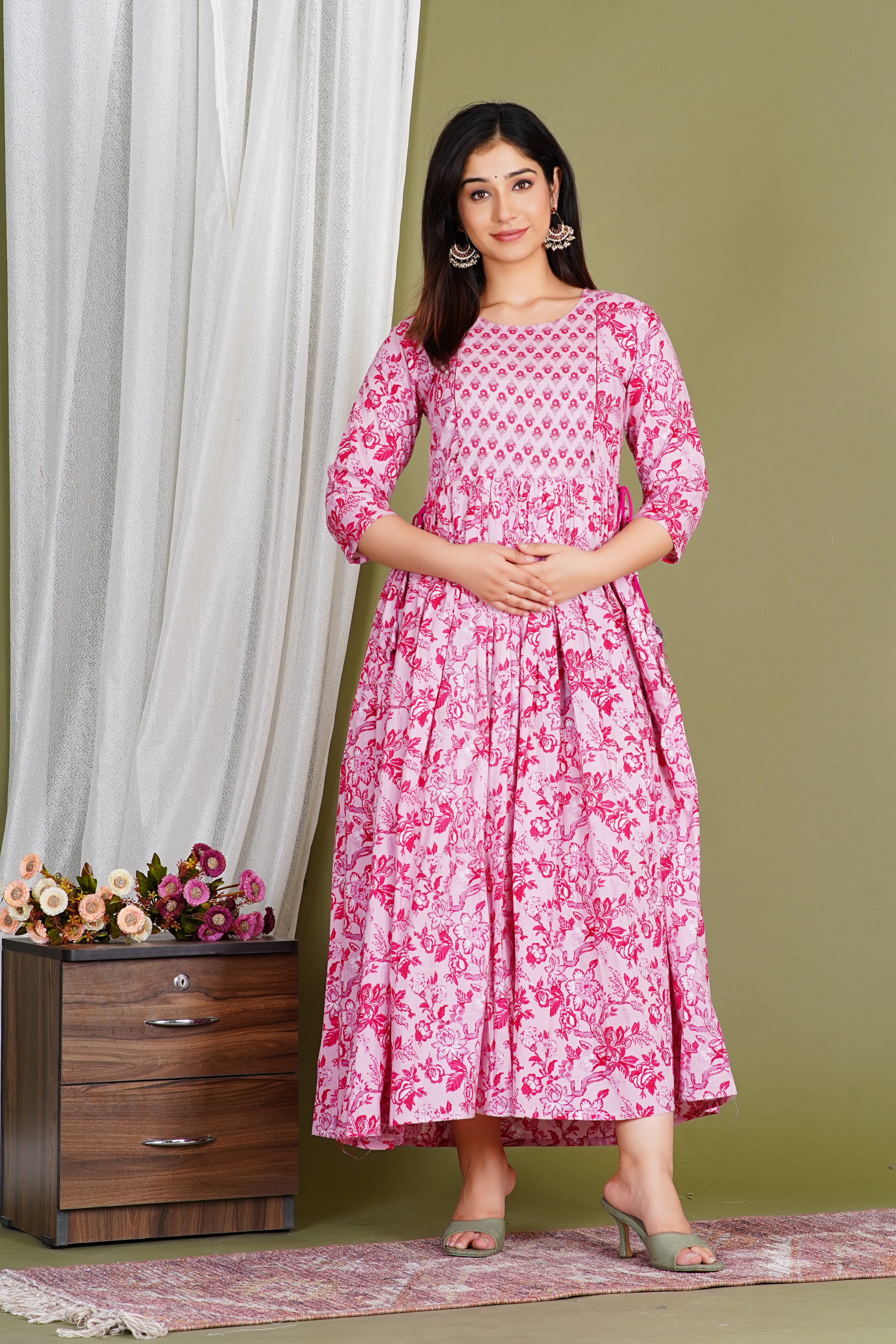 Pink Floral Pure Cotton Maternity & Nursing Dress Wear