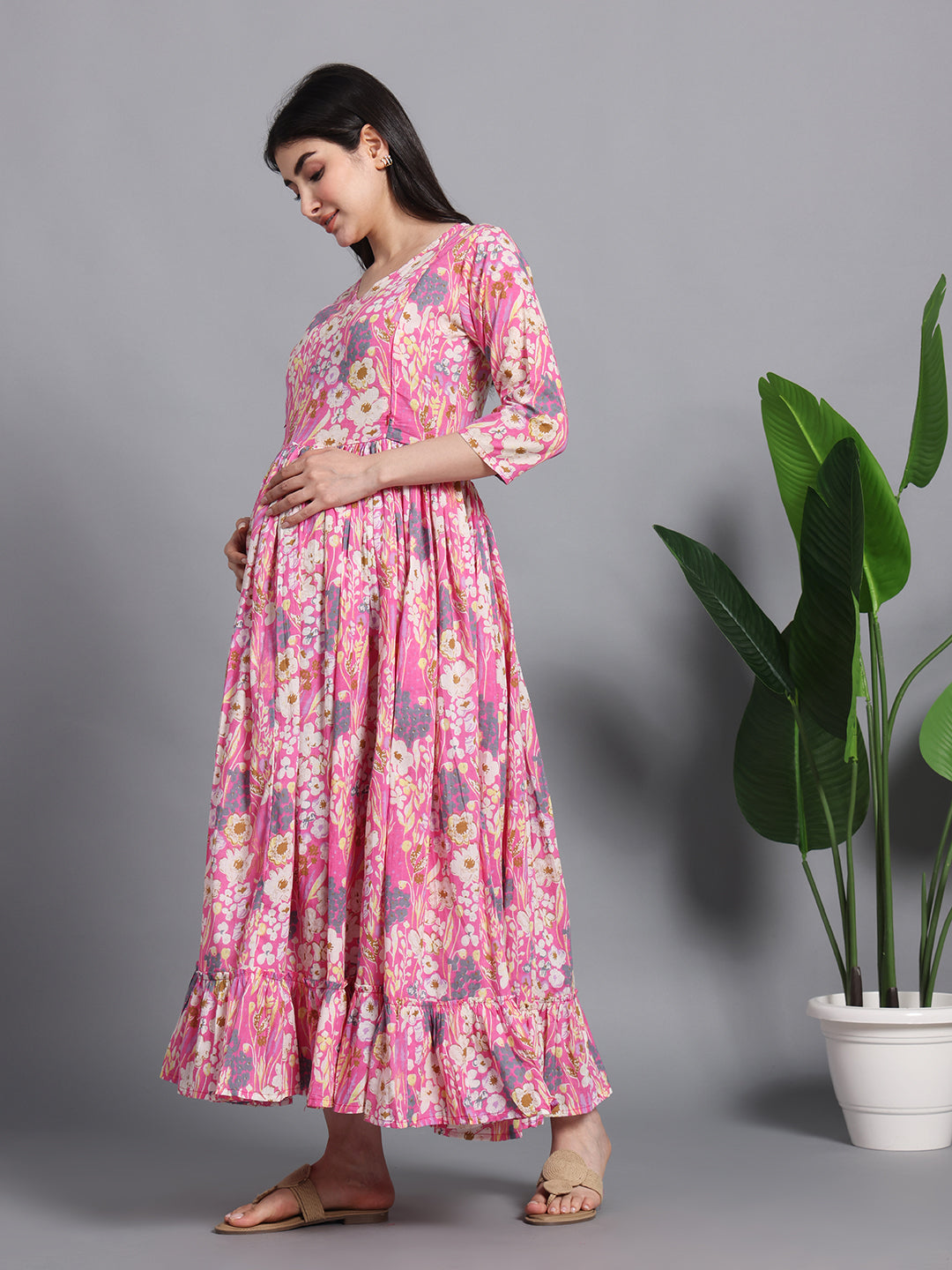 Pink Floral Cotton Maternity Maxi Dress with Ruffle Hem