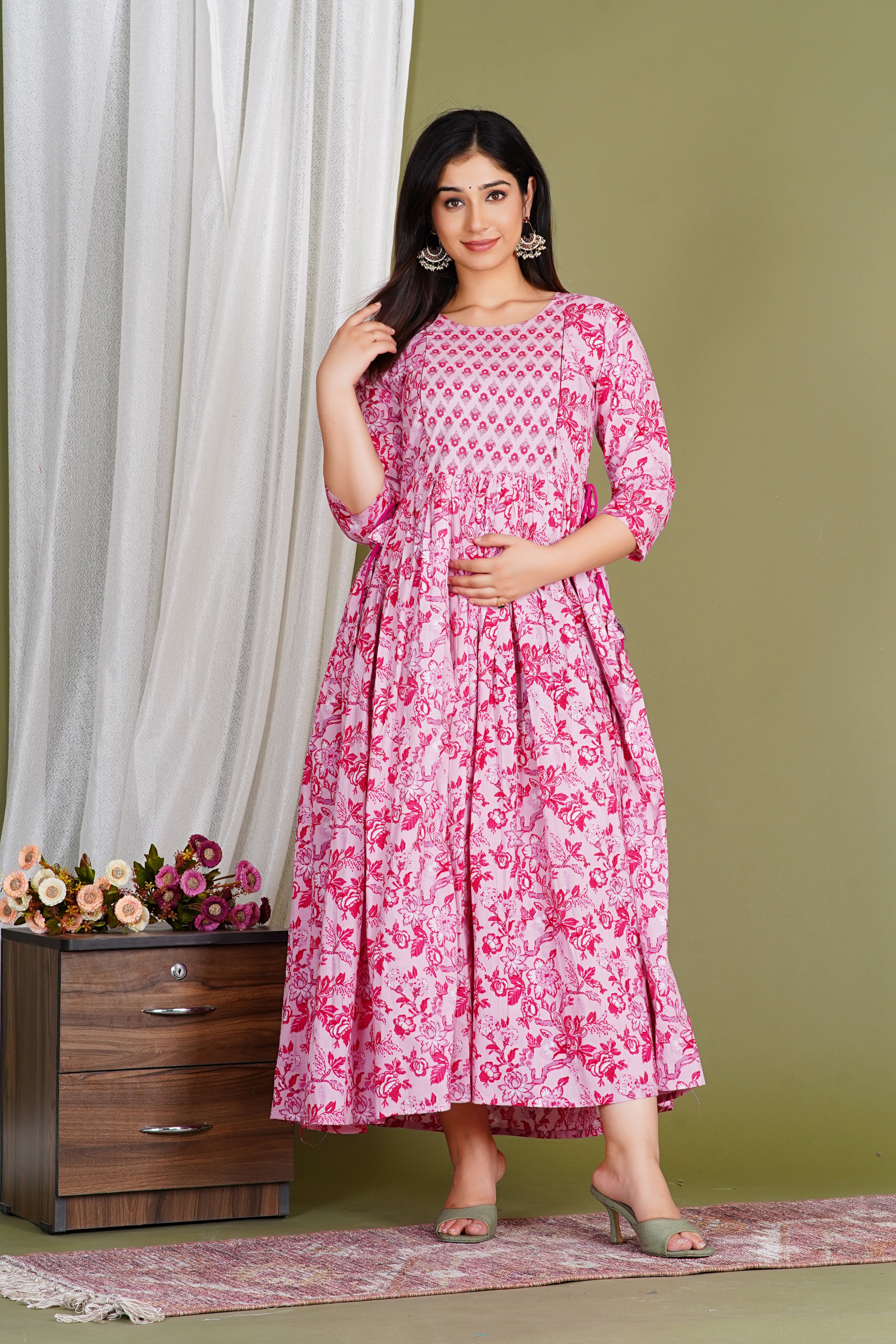 Pink Floral Pure Cotton Maternity & Nursing Dress Wear
