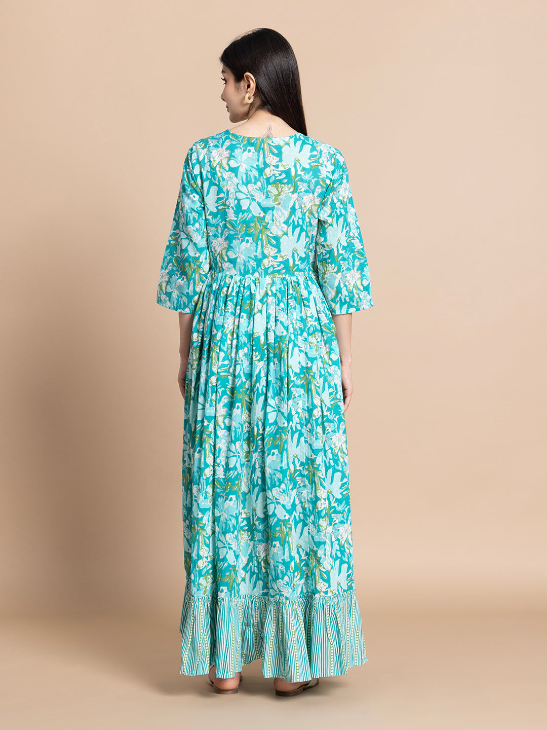 Turquoise Floral Cotton Maternity Maxi Dress with Striped Yoke and Ruffle Hem
