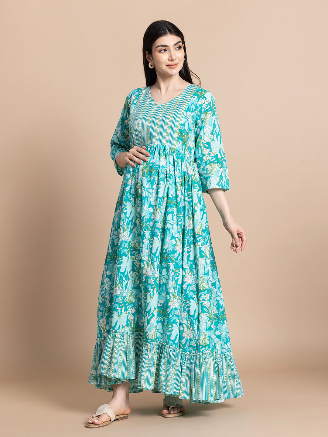 Turquoise Floral Cotton Maternity Maxi Dress with Striped Yoke and Ruffle Hem