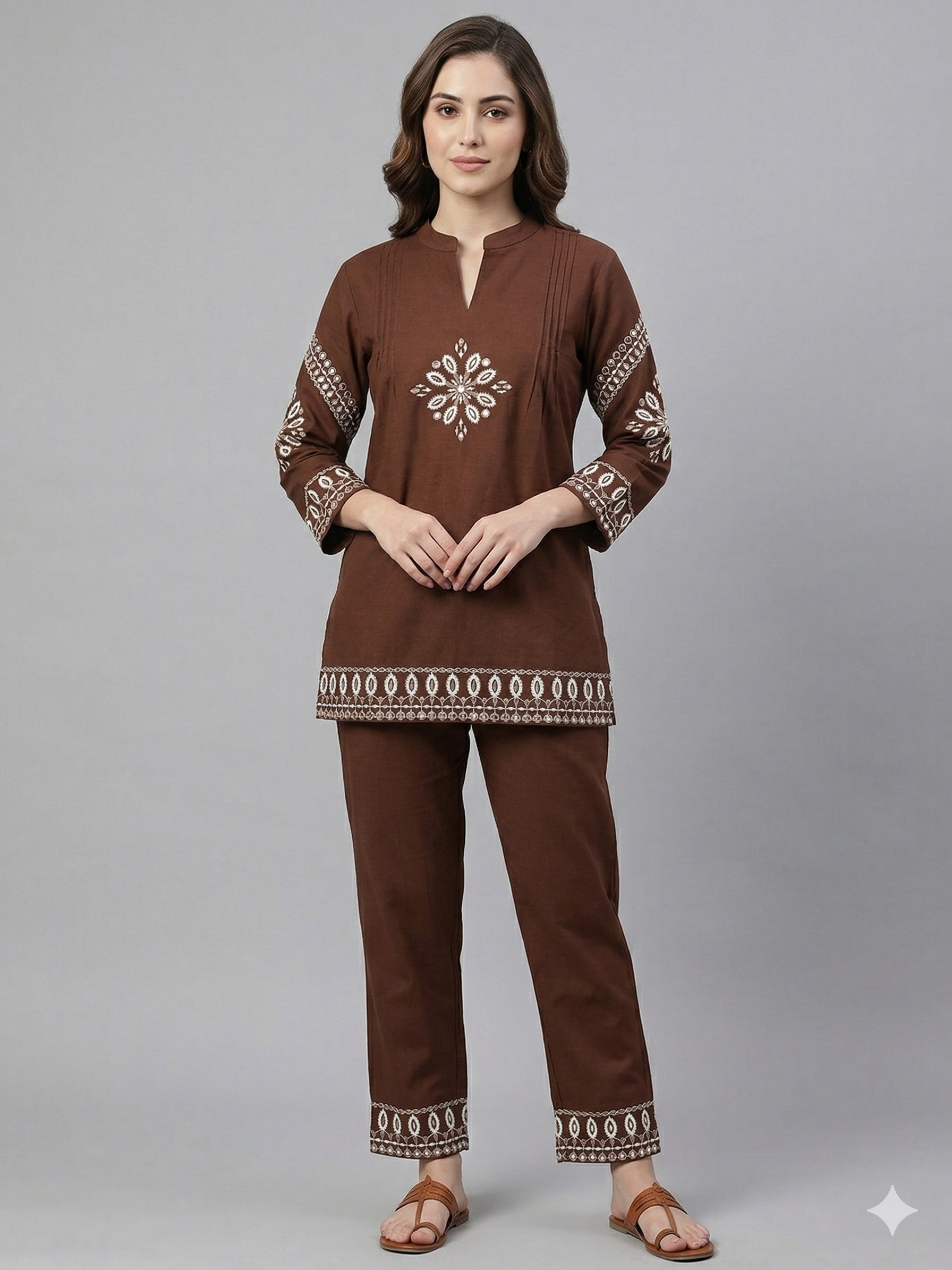 Elegant Brown Cotton Embroidered Tunic and Straight Pant Set