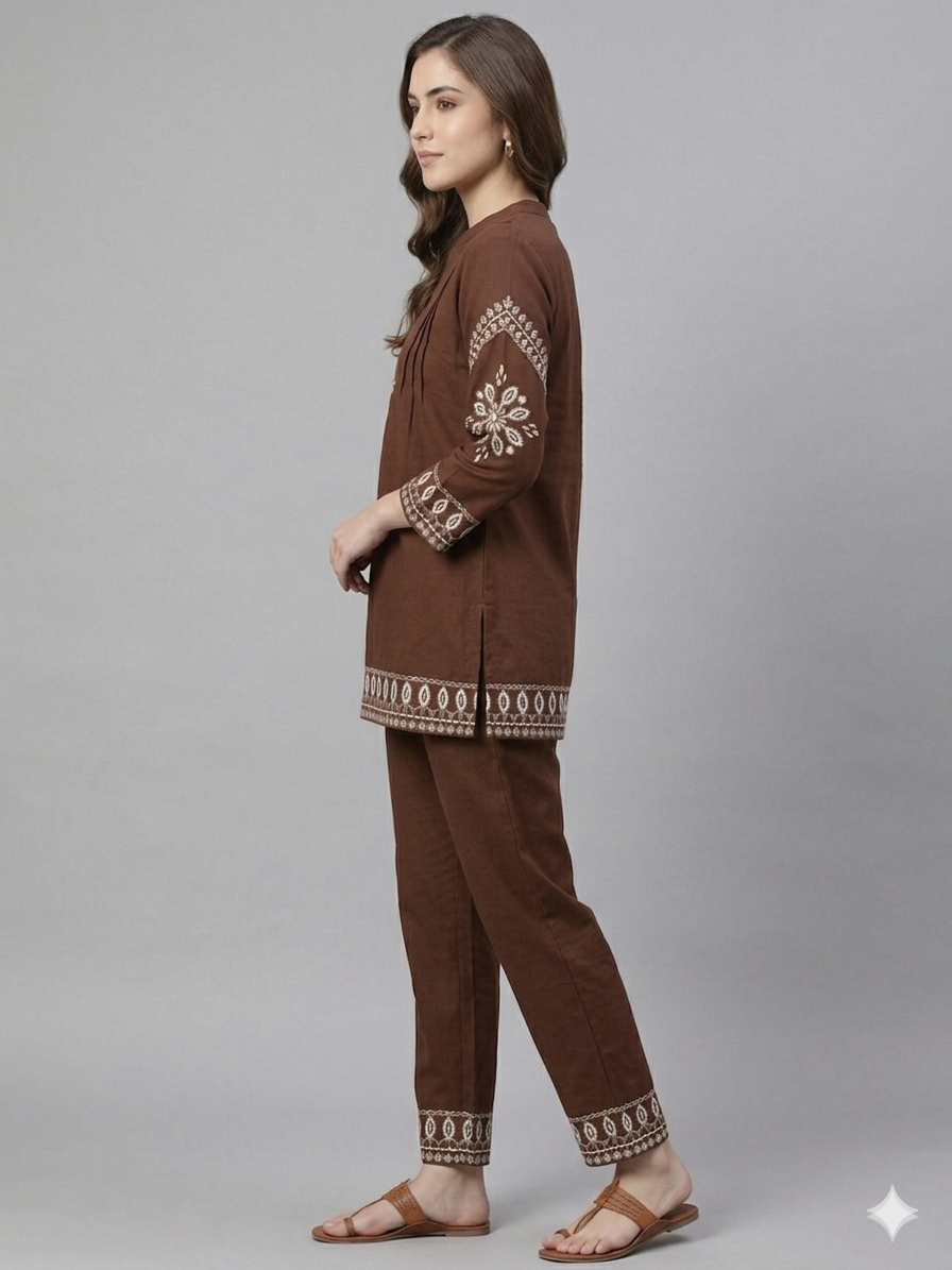 Elegant Brown Cotton Embroidered Tunic and Straight Pant Set