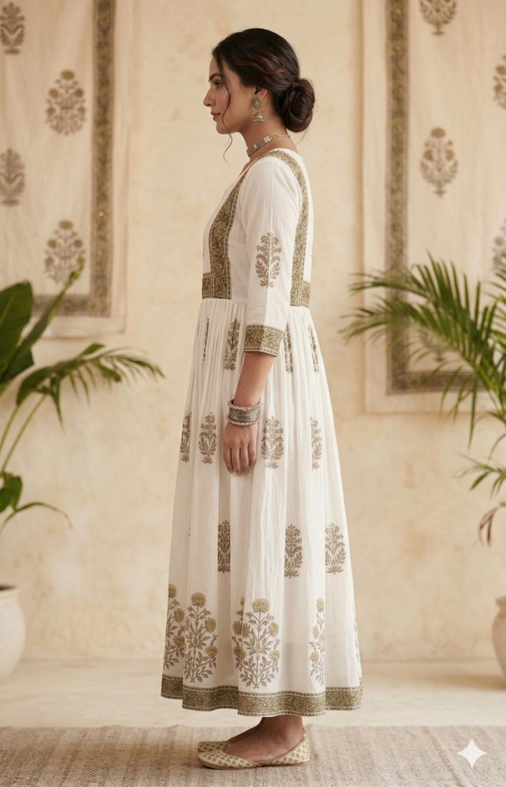 Royal Off-White Hand-Block Printed Anarkali Kurta with Zari Embroidery