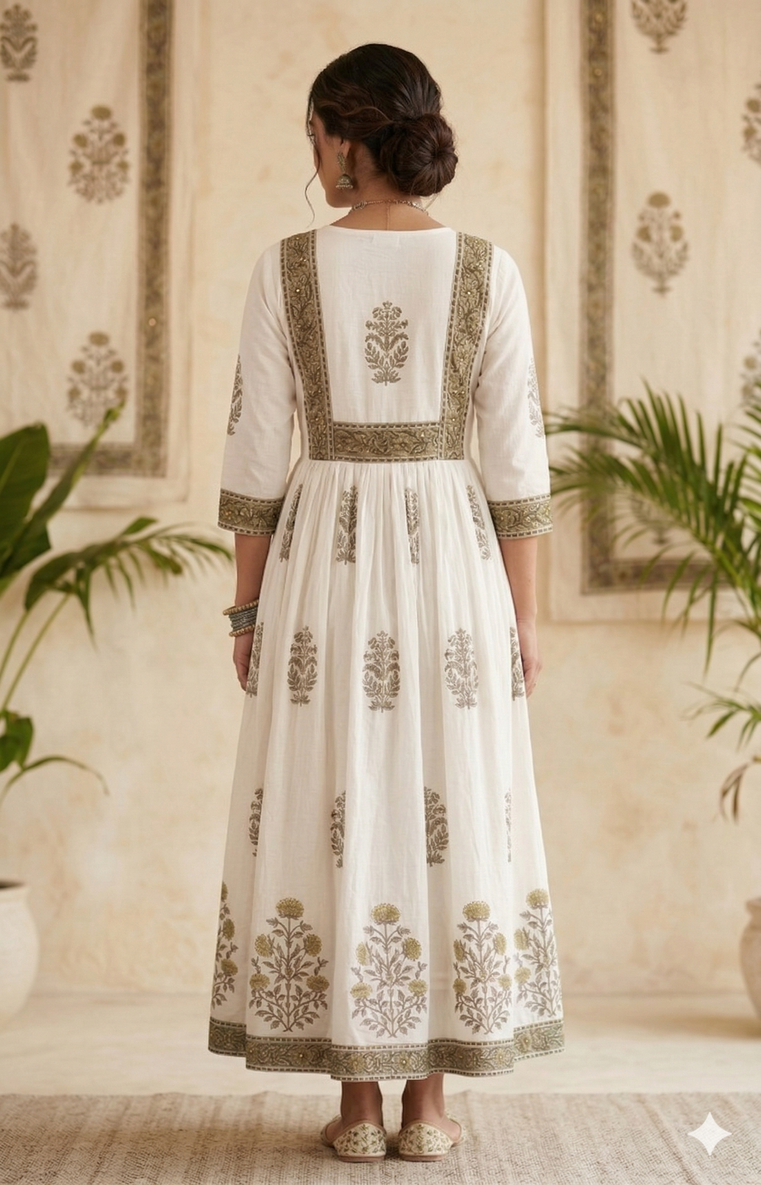 Royal Off-White Hand-Block Printed Anarkali Kurta with Zari Embroidery