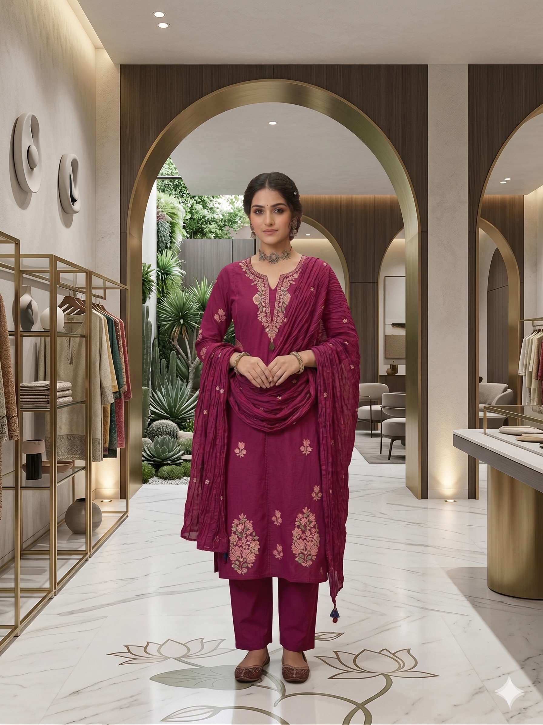 Elegant Magenta Embroidered Kurta Set with Crushed Silk Dupatta