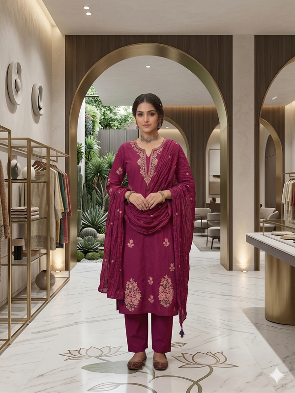 Elegant Magenta Embroidered Kurta Set with Crushed Silk Dupatta