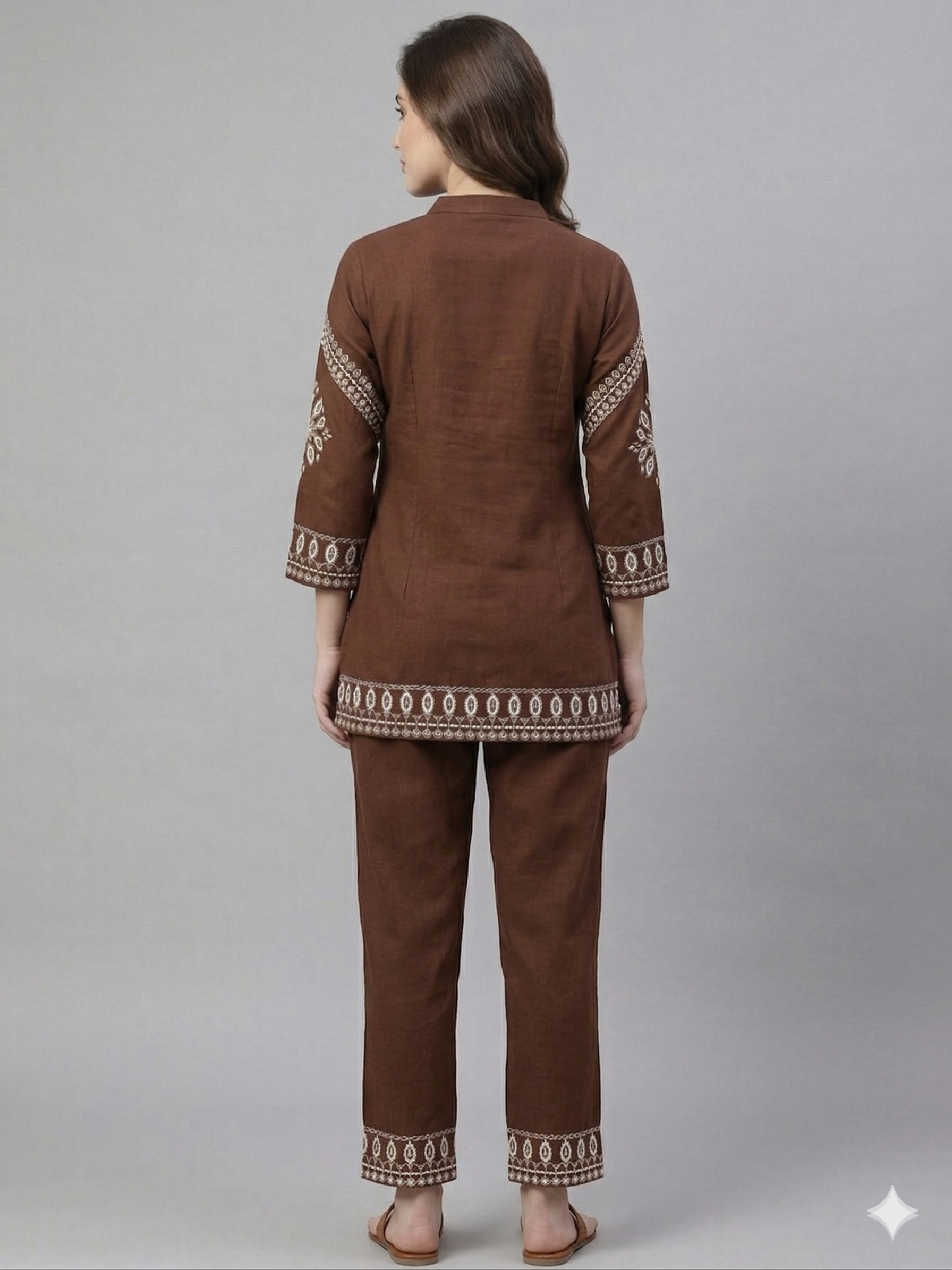 Elegant Brown Cotton Embroidered Tunic and Straight Pant Set