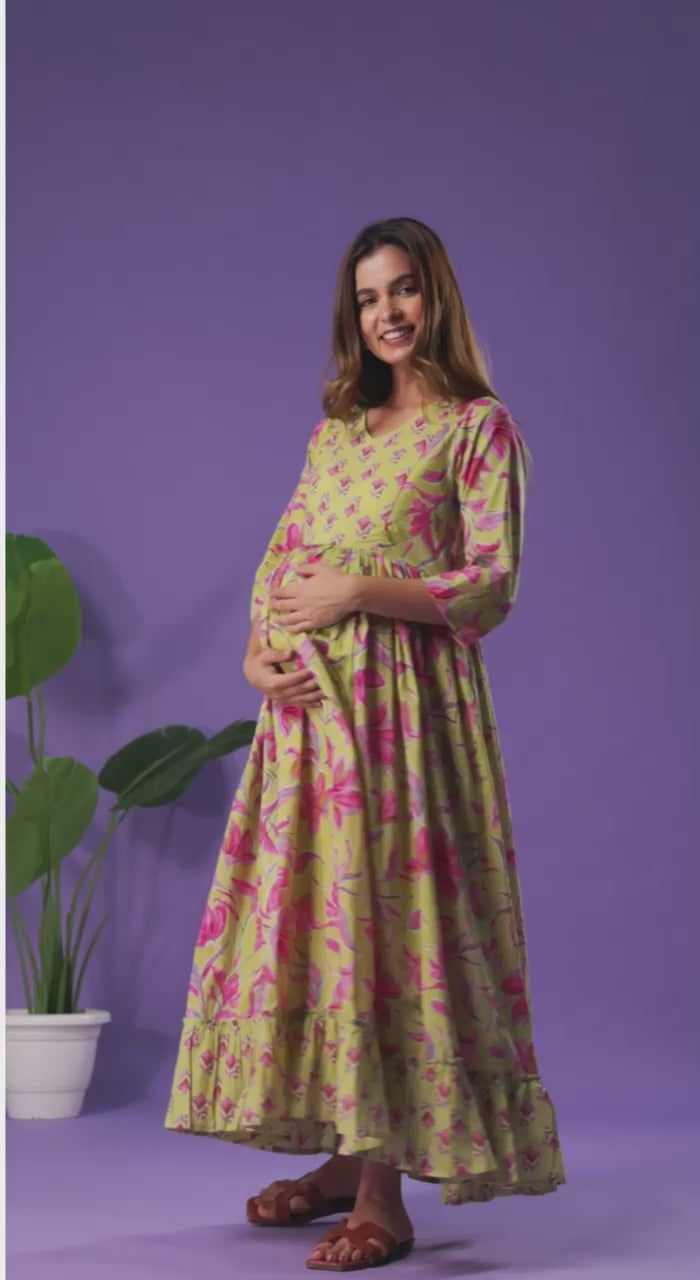Floral  Cotton Maternity Maxi Dress with Ruffle Hem – Sage Green & Pink