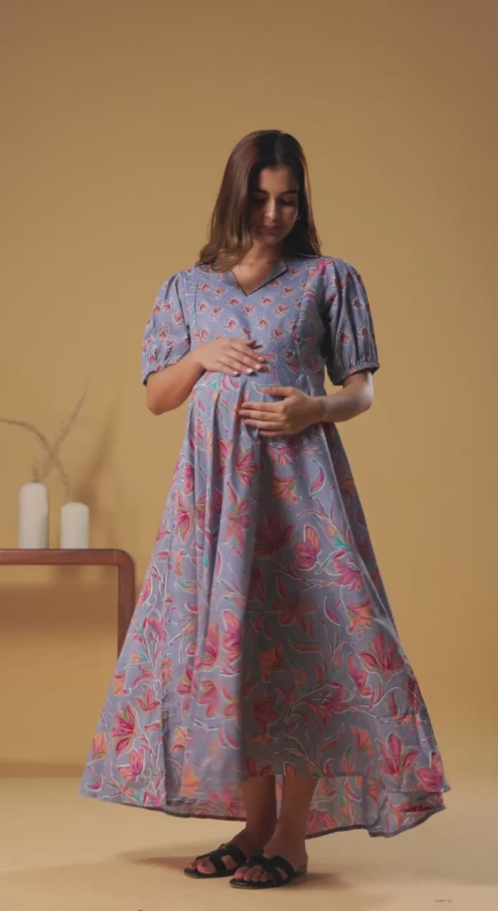 Pastel Floral Collar-Neck Maternity & Postpartum Flared Gown
