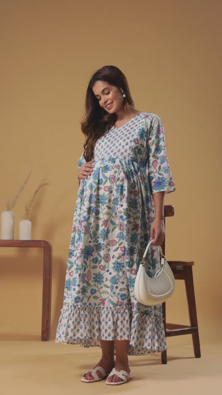 Floral Print Cotton Maternity Dress - Elegant Anarkali Style