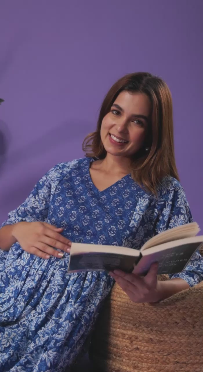 The Indigo Bloom: Premium Cotton Maternity & Nursing Maxi Dress
