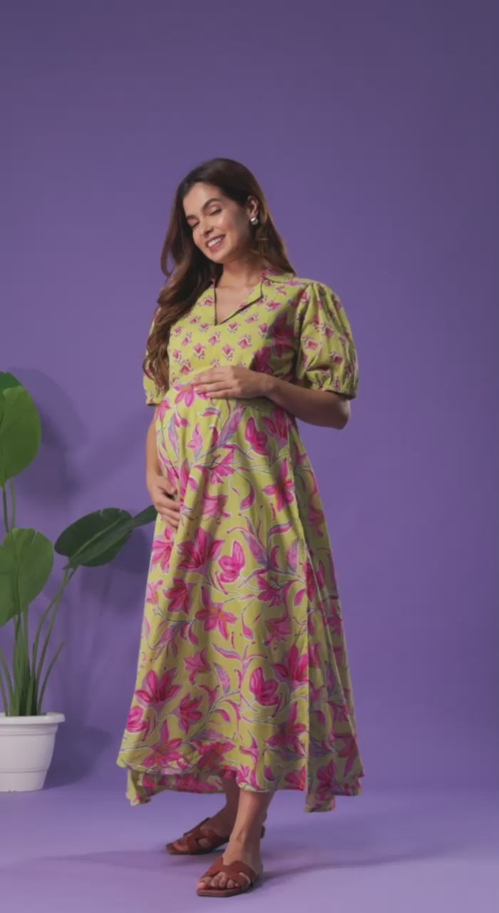 The Olive Bloom: Premium Cotton Maternity-to-Nursing Maxi Dress with Puff Sleeves