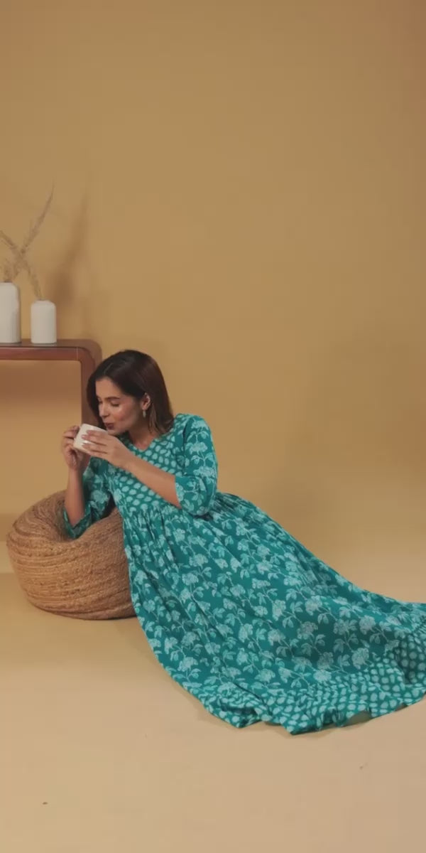 Turquoise Blue Cotton Maternity Dress - Floral Print Anarkali Gown for Pregnancy